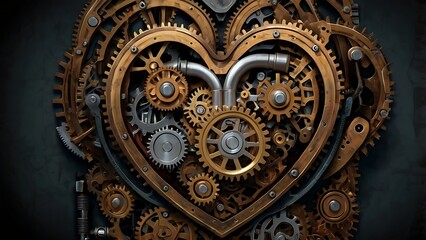 A mechanical realism illustration of a human heart intricately composed of gears, cogs, and machinery, symbolizing the blend of humanity and technology.
