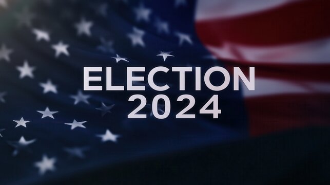 White text reading "ELECTION 2024" adorned with stars, set against a dark background with a subtle flag design. Bold, patriotic theme representing the upcoming election year.