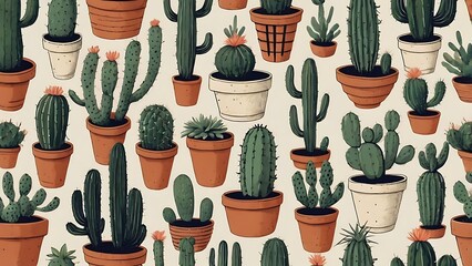 A seamless minimal pattern featuring different potted cactus plants drawn in a clean, simple style.