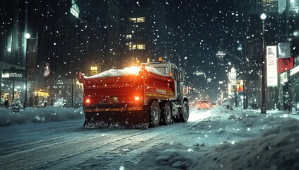 Snowplow truck clearing city streets during a night snowfall. Winter. AI generated image