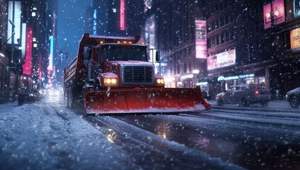 Snowplow truck clearing city streets during a night snowfall. Winter. AI generated image