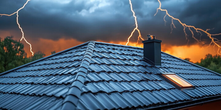 Lightning rod on roof during rainy day , storm, protection, safety, weather, metal, installation, electricity