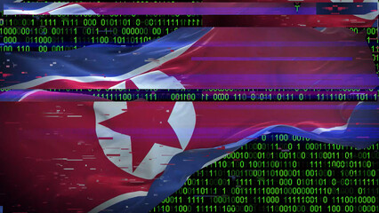 Binary code on flag of Korea North. Program source code or Hacker concept on North Korean flag....