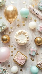Fototapeta premium Festive Birthday Celebration Flat Lay with Cake, Balloons, and Gift Boxes on Wooden Table