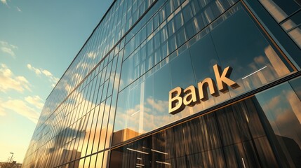 Obraz premium Volumetric inscription text Bank on the glass wall of the modern building office