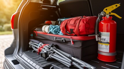 Packed Car Trunk Ready for Adventure: Travel Essentials and Safety Gear
