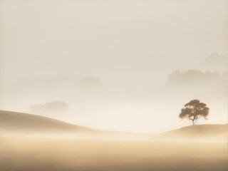 Obraz premium A minimalist landscape with a single tree in a vast, empty space, evoking solitude and simplicity. Perfect for modern, calming interiors.