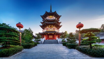 Fototapeta premium A majestic Chinese temple featuring a vibrant red and gold pagoda surrounded by lush gardens at twilight. Generative AI