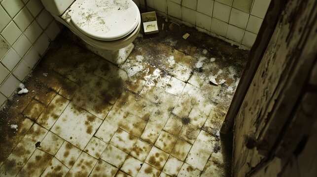 A dirty restroom featuring a stained toilet and filthy floor, highlighting poor hygiene standards and neglect.