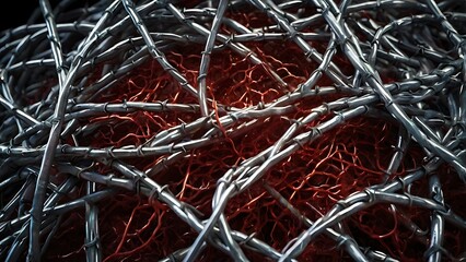 Blood vessels wrapped in barbed wire, symbolizing the tension and strain placed on the cardiovascular system by hypertension.