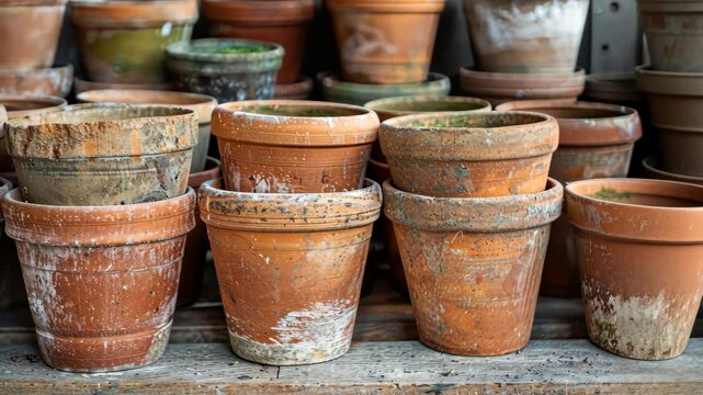A collection of terracotta pots sit stacked on a wooden shelf, showing signs of wear and use