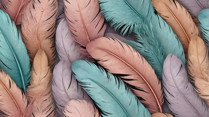 Delicate line-drawn feathers in pastel colors arranged in a seamless pattern.