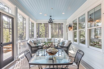 White Screened Porch with Light Blue Ceiling, Glass Table, and Coastal Style Black Metal Furniture