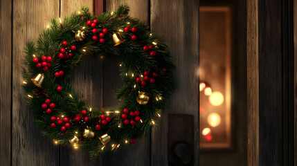 A festive wreath adorned with red berries and bells, hung on a rustic wooden door.