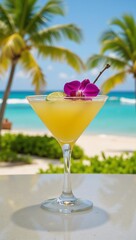 Tropical scene showcasing a yellow margarita with an orchid and lime garnish