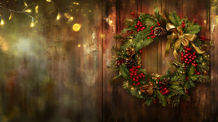 A festive wreath adorned with pinecones and berries, set against a rustic wooden background.