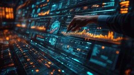 Fototapeta premium A person's hand holding a pen points to a peak in a glowing stock market graph on a digital screen,