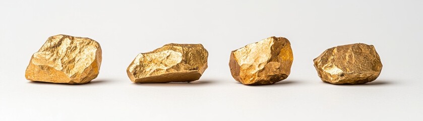 Fototapeta premium Golden rocks with shiny surfaces on a white isolate background.