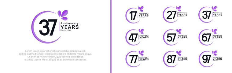 anniversary logotype set. vector design black color with purple ring and leaf for special moment