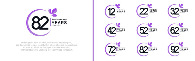anniversary logotype set. vector design black color with purple ring and leaf for special moment