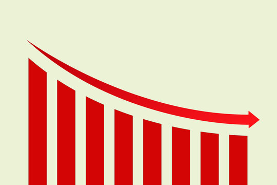 Decreasing concept. Vibrant red downward bar chart with an arrow effectively symbolizes decreasing trends. For negative growth or decline concepts.