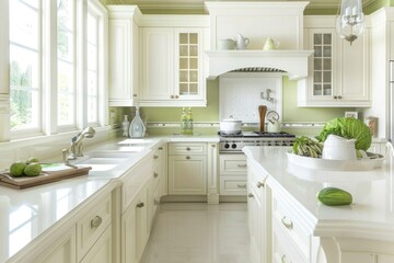 An airy kitchen with pristine white cabinets and countertops complemented by subtle hints of pale green in the decor