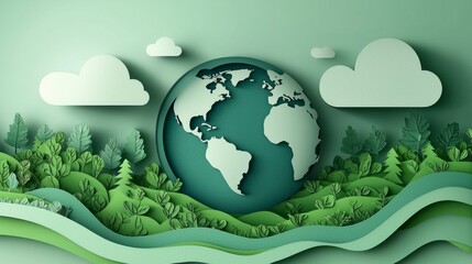 Paper-cut style, World Earth Day Concept. Green Energy, ESG, Renewable and Sustainable Resources. Environmental Care.
