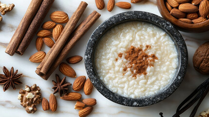 Close-up of a bowl of rice pudding garnished with cinnamon and almonds, showcasing its rich texture and inviting presentation.