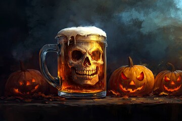 Naklejka premium Halloween flag with beer mug skull. Dark smoky background with pumpkins with generative ai