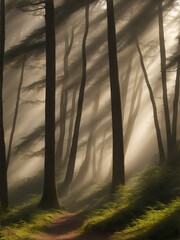 Obraz premium A mysterious foggy forest scene with towering trees and soft light, evoking a sense of wonder and tranquility, perfect for nature-inspired decor.