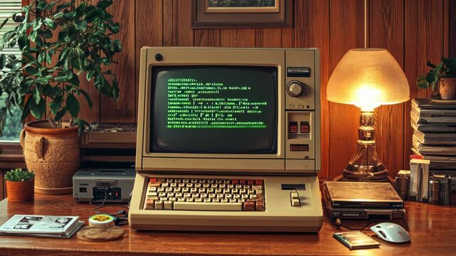 Vintage Computer Displaying Green Code on a Black Screen