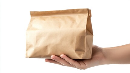 Naklejka premium close up hand holding paper bag on solid white background