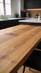 A detailed 3D render of a charming natural wood table against a stylish kitchen backdrop