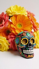 Fototapeta premium Colorful sugar skull surrounded by vibrant orange-yellow floral arrangement