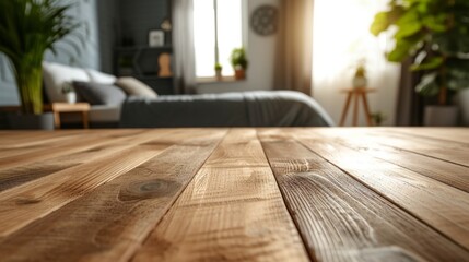 Wooden Tabletop in a Modern Living Room with Blurred Background