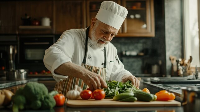 elderly chef arranging fresh vegetables on a cutting board in a kitchen filled with natural light, soft wooden cabinets in the background