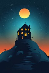 Naklejka premium Silhouetted house on hill under moonlight, stars dotting night s