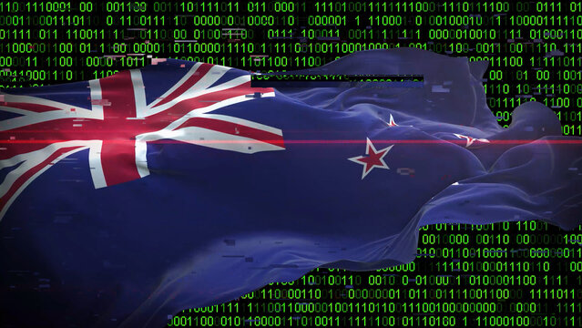 Binary code on flag of New Zealand. Program source code or Hacker concept on New Zealand flag. New Zealand digital technology security, hacking or programming