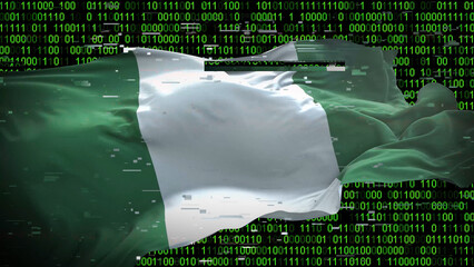 Binary code on flag of Nigeria. Program source code or Hacker concept on Nigerian flag. Nigeria...