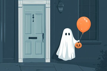 Halloween illustration. Ghost character. Halloween ghost at the door. Ghost holding pumpkin balloon. Halloween phantom design. Spirit standing in front of the door. Samhain ghost. with generative ai