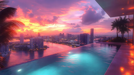 Sunset view from a luxurious infinity pool overlooking a cityscape.