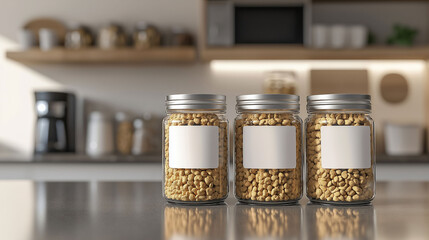Glass jars full of cereals with blank labels standing on kitchen countertop



