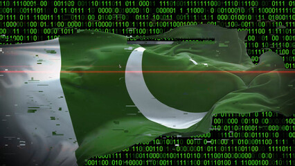 Binary code on flag of Pakistan. Program source code or Hacker concept on Pakistani flag. Pakistan digital technology security, hacking or programming