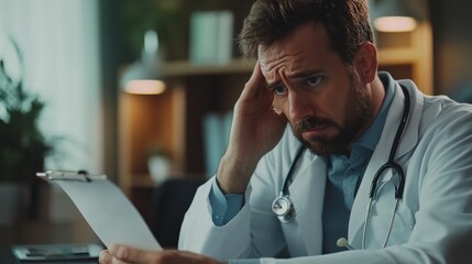 Obraz premium Puzzled doctor carefully reviewing medical records, sitting in an office with soft natural lighting, blurred office interior in the background