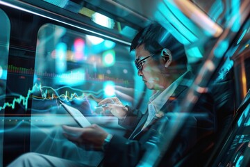 A trader studying cryptocurrency charts projected onto a massive digital screen in the center of a futuristic trading floor