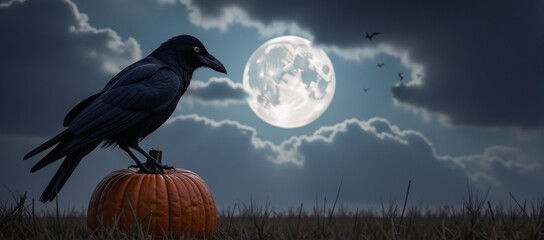 Fototapeta premium A crow perches on a Halloween pumpkin amidst a scary night scene with clouds a full moon and bats flying
