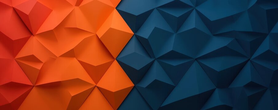 A vibrant geometric design features contrasting orange and blue hues with a textured, angular surface, creating a dynamic visual appeal.