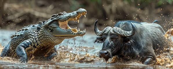 Crocodile Attacking Buffalo