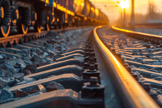 Sunset Reflecting on Train Tracks with Passing Freight Train  Serene Railway Scene