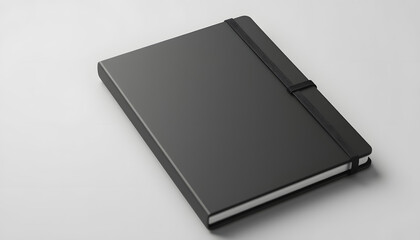 Black Notebook with elastic band on soft gray background. 3D rendering isolated with white highlights, png